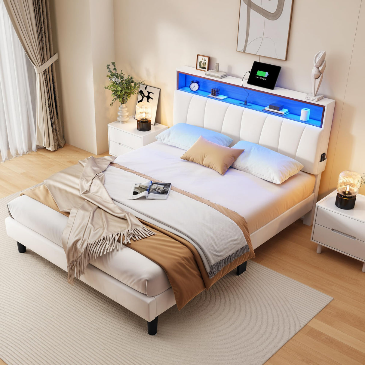 YITAHOME Full Size Bed Frame, LED Bed Frame with Storage Upholstered Velvet Headboard, Platform Bed with Outlet & USB Ports, No Box Spring Needed, Easy Assembly (Beige) YITAHOME