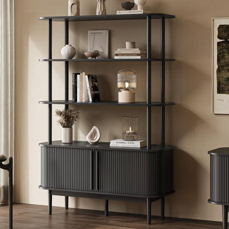 MAISONARIA Black Bookshelf with Sliding Tambour Doors, Mid Century Modern Bookshelf with Storage, Wooden Open Display Shelf for Living Room, Bedroom, Home Office MAISONARIA