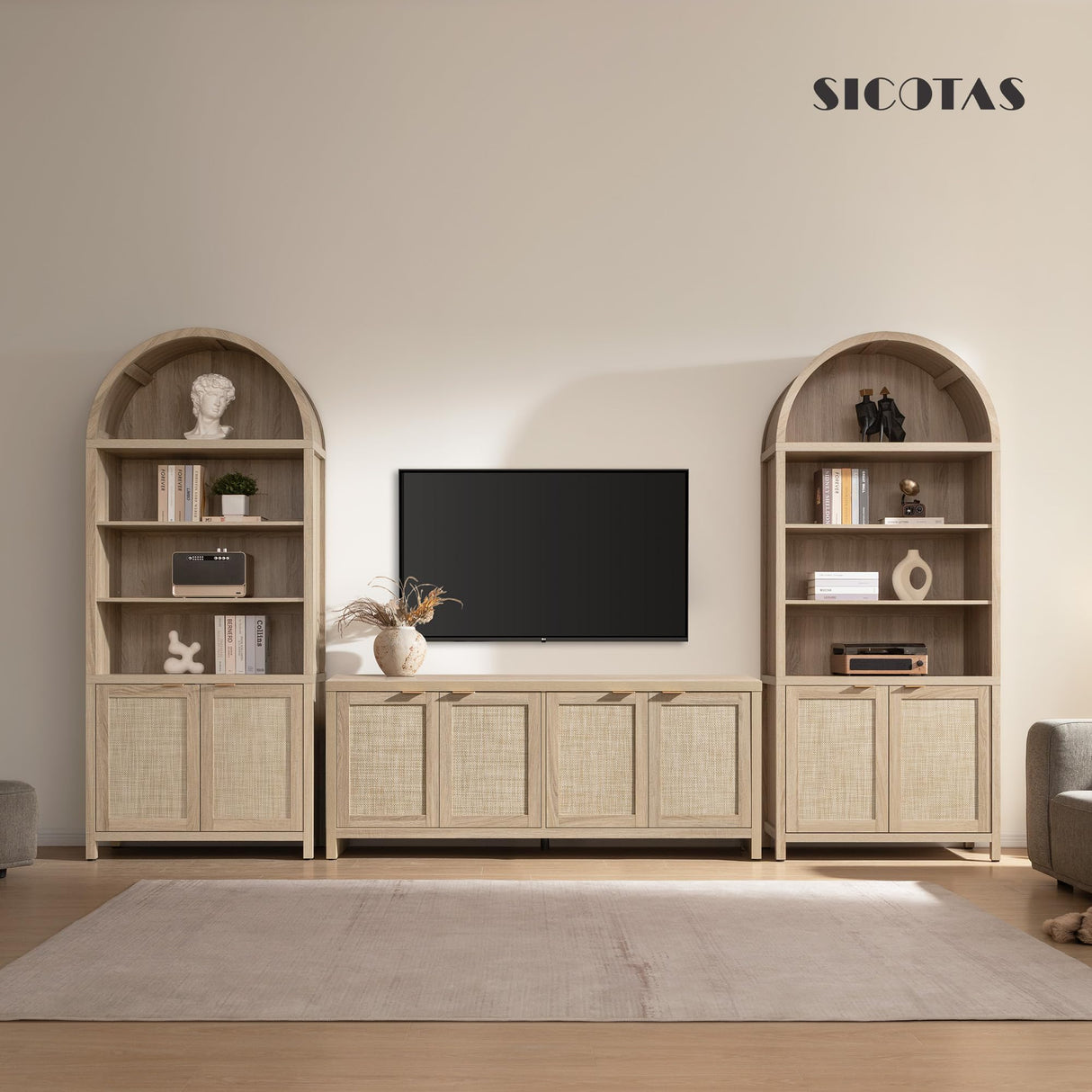 SICOTAS Book Shelf Arched Cabinet Bookshelf Arch 84.2" Tall Bookcase 5 Tier Large Bookshelves with Doors Storage Rattan Boho Wide Book Shelves Case for Living Room Kitchen Office Bedroom Library SICOTAS