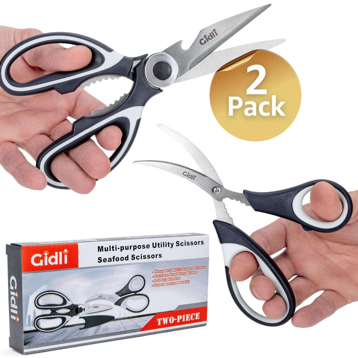 Kitchen Shears by Gidli - Lifetime Replacement Warranty - Includes Seafood Scissors As a Bonus - Heavy Duty Utility Stainless Steel All Purpose Ultra Sharp Scissors for Food - Cooking Shears Gidli