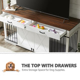 72.5" Extra Large Furniture Style Double Dog Crates for Large Breeds, XXL Wooden Dog Kennel Furniture with Drawers, Divider, Water Resistant & Barn Door for 2 Dogs, White EDYO LIVING