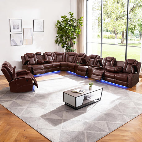 SIENWIEY Leather Power Recliner Sectional Sofa Set with LED Light,L Shaped Leather Couch Set with 5 Recliner Seats,Modular Couch with USB Ports for Living Room Furniture(Red, Sectional+Sofa+Chair) SIENWIEY