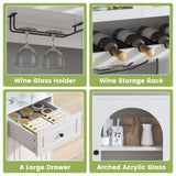 kepptory 72" Coffee Bar Cabinet w/Large Acrylic Wine Display Areas and LED, Wine Bar Cabinet with Long Rack, Storage Hutch, Faux Marble Countertop, for Home Dining Room Kitchen, White kepptory