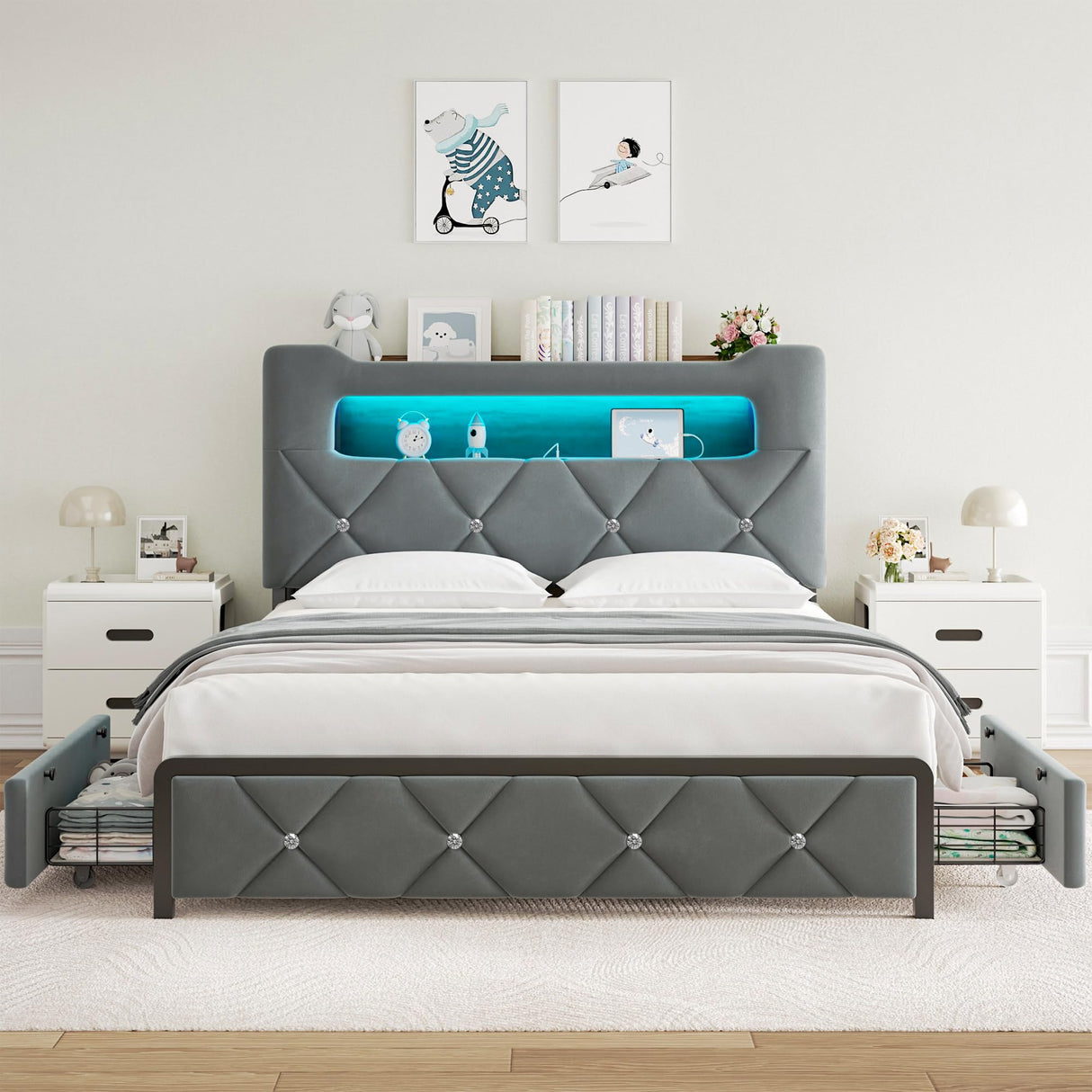 Jocoevol Queen Upholstered LED Bed Frame with 2 Storage Drawers and 2-Tier Storage Headboard, Velvet Platform Bed with Charging Station & Bookcase, Corner Bed Frame, Heavy Duty Metal Support, Grey Jocoevol