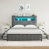 Jocoevol Queen Upholstered LED Bed Frame with 2 Storage Drawers and 2-Tier Storage Headboard, Velvet Platform Bed with Charging Station & Bookcase, Corner Bed Frame, Heavy Duty Metal Support, Grey Jocoevol