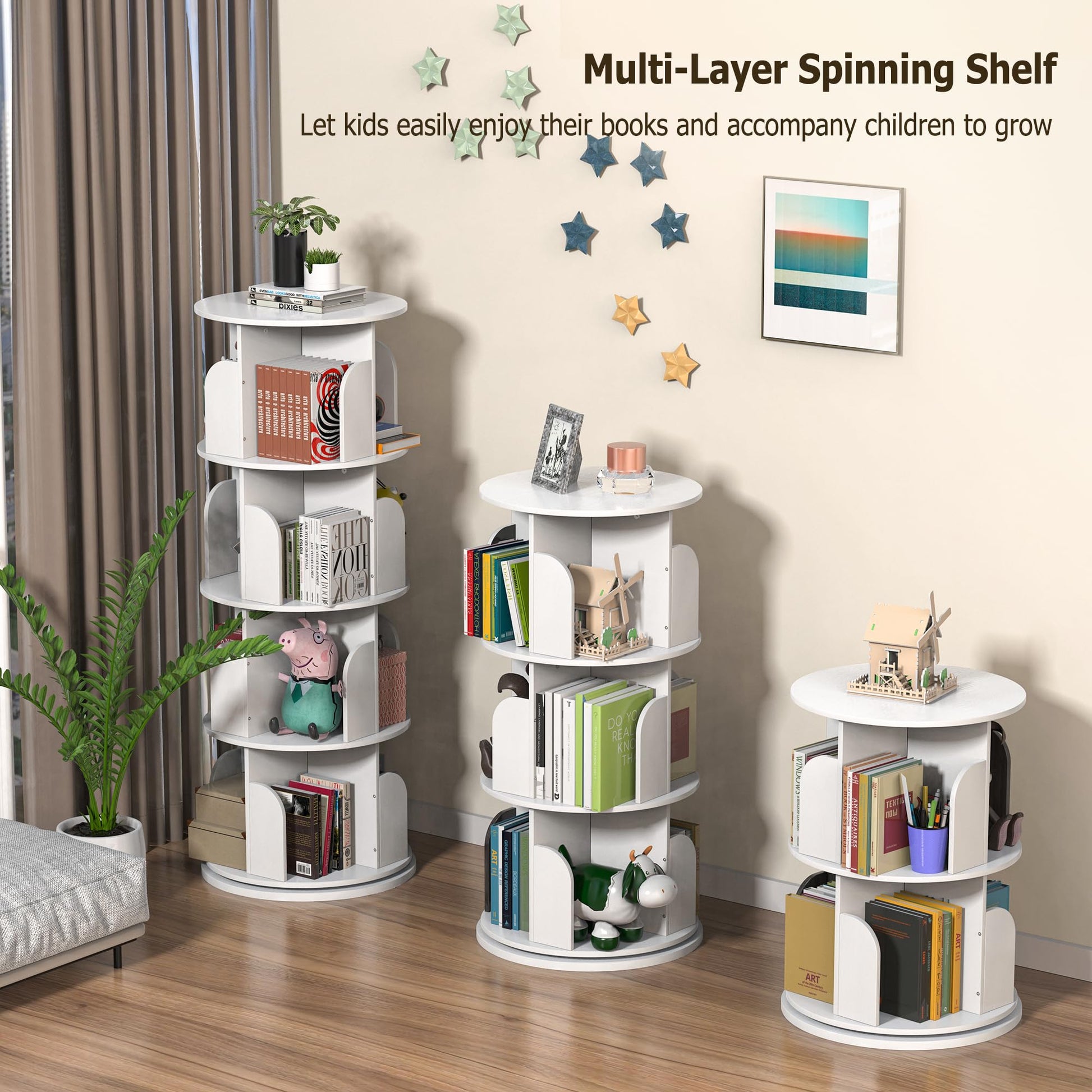 LAZEYARD 360° Rotating White Bookshelf - 4 Tier Floor Standing Storage Rack for Small Spaces - WoodArtSupply