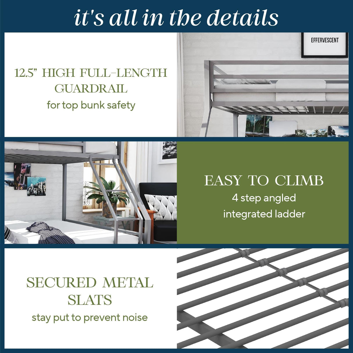 Novogratz Maxwell Metal Bunk Bed Frame for Kids and Teens, with Angled Ladder, High Guardrail and Metal Slats, No Boxspring Required, Underbed Storage Space, Twin-Over-Full, Gray Novogratz