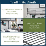 Novogratz Maxwell Metal Bunk Bed Frame for Kids and Teens, with Angled Ladder, High Guardrail and Metal Slats, No Boxspring Required, Underbed Storage Space, Twin-Over-Full, Gray Novogratz