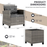 Vongrasig 3 Piece Patio Furniture Set Small Outdoor Wicker Rattan Front Porch Bistro Set Cushioned Patio Chairs Conversation Set with Glass Table for Lawn, Garden, Backyard, Balcony, Poolside (Grey) Vongrasig