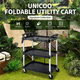 UNICOO® Heavy Duty 3-Tier Collapsible Rolling Cart, Folding Utility Cart, 550lbs Capacity, Lockable & Silent Wheels, Compact & Foldable, Easy Clean & Storage for Restaurant, Office, Garage (Black) UNICOO