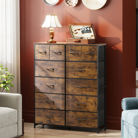 WLIVE Tall Dresser for Bedroom with 12 Drawers, Dressers & Chests of Drawers, Fabric Dressers for Closet, Storage Dresser Organizer with Steel Frame, Wood Top, Rustic Brown Wood Grain Print WLIVE