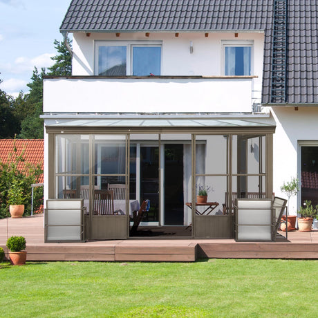 Domi 10x12FT Wall Mounted Sunroom Gazebo, Aluminum Enclosed Gazebo with 2 Lockable Sliding Doors,Sloping Polycarbonate Roof&Moveable PVC Screen, Outdoor Sun Room Lean to Gazebo for Deck Patio domi outdoor living