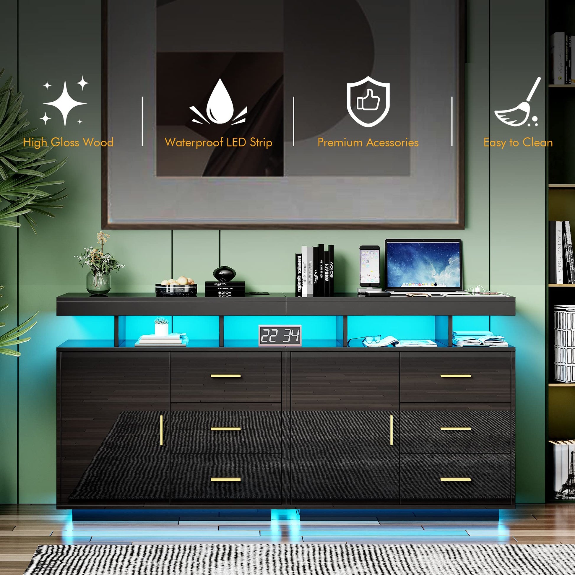 LVSOMT Sideboard Buffet Storage Cabinet with LED Lights & Wireless Charging Station, Modern Kitchen Bar Cabinet, High Gloss Wood Accent Cabinet, Console Table for Living Room (Gloss Black) - WoodArtSupply