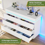 DICTAC Modern 6 Drawers White Dresser with Sliding Desktop, Wide Chest of Drawers with Charging Station & LED Lights, Large Storage Tower Clothes Organizer, White Dresser for Bedroom DICTAC