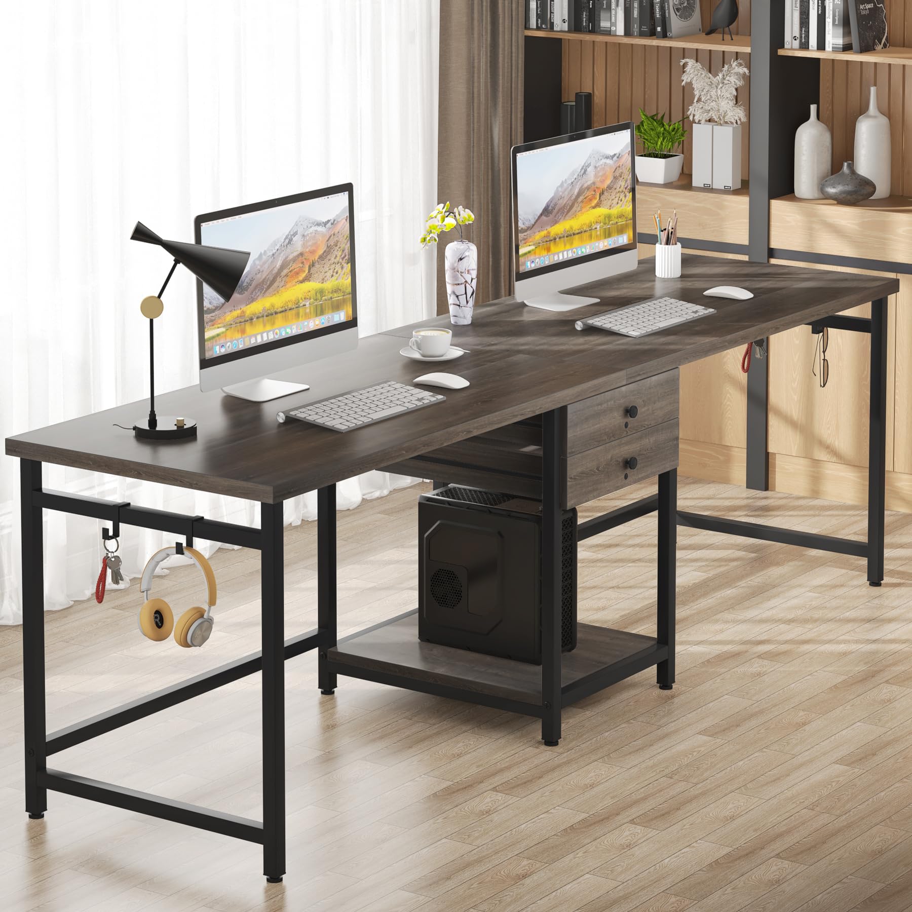 Tribesigns 79 Inch Extra Long Desk, Double Desk with 2 Drawers, Two Person Desk Long Computer Desk with Storage Shelves, Writing Table Study Desk for Home Office, Grey - WoodArtSupply