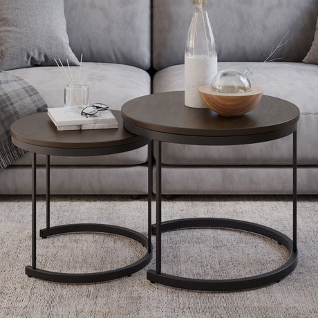 Nesting Coffee Table Set – Set of 2 Small Round Tables Nest Together for Saving Space – Modern Industrial Living Room Tables by Lavish Home (Brown) Lavish Home