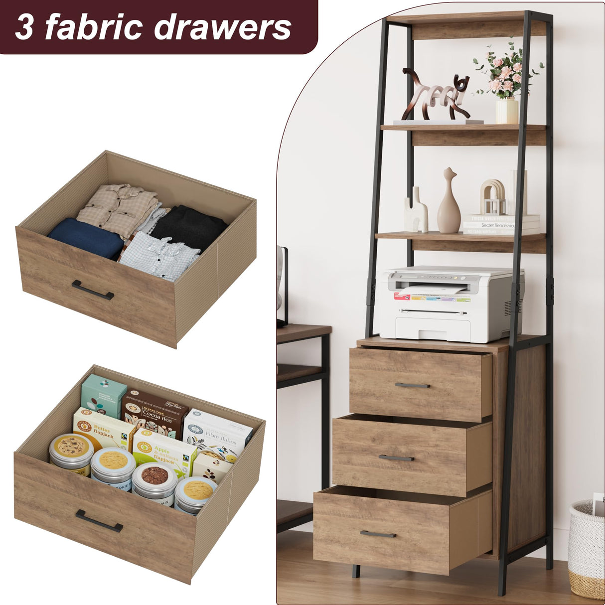 BOTLOG Industrial Ladder Bookshelf with 3 Fabric Storage Drawers, 4-Tier Bookcase, Display Standing Shelf Unit Storage Organizer for Living Room, Entryway, Office, Rustic Brown BOTLOG