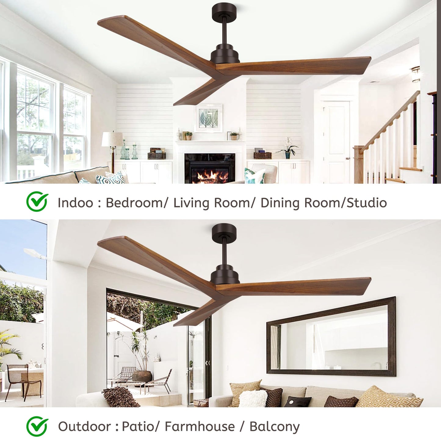 KAPOEFAN 60 Inch Ceiling Fan Without Light, Wood Ceiling Fans no Light, Modern Outdoor Ceiling Fans with Remote DC Motor 6 Speeds Quiet 8H Timer Black Solid Wooden Fan for Farmhouse Patio - WoodArtSupply