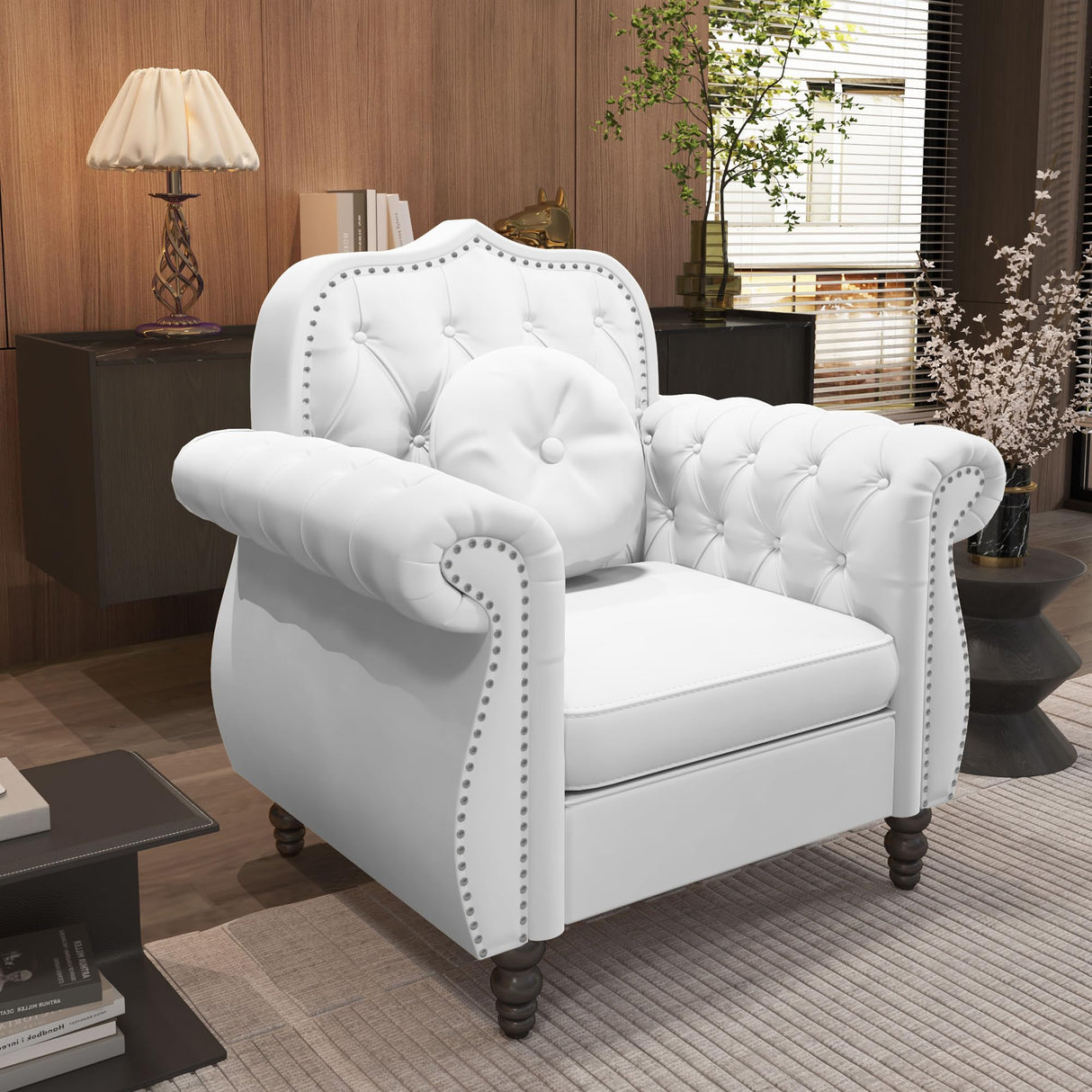 AVZEAR 3-Piece Living Room Sectional Sofa Set, Mid-Century Modern Chesterfield Upholstered Velvet Sofa Couch, Classic Tufted Button White Couch with Nailhead Trim for Living Room, Office (White) AVZEAR