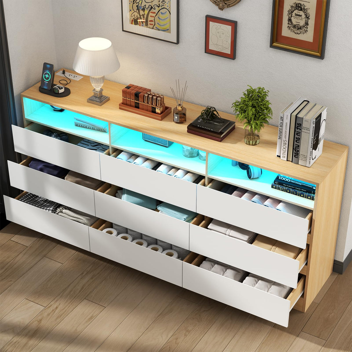 Loomie 9 Drawers Dresser, 63'' White Chests of Drawers with Power Outlet, Accent Large Double Dresser with LED Light, Modern Storage Dresser for Bedroom, Living Room (White&Light Walnut) Loomie
