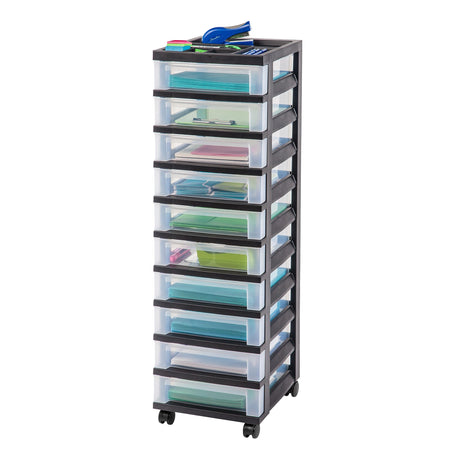 IRIS USA Plastic Drawer Storage Organizer Rolling Cart with Wheels Casters 10-Drawers for Classroom Art Craft Supplies Dresser Closet Bathroom Dorm Bedroom Laundry Room Black/Clear IRIS