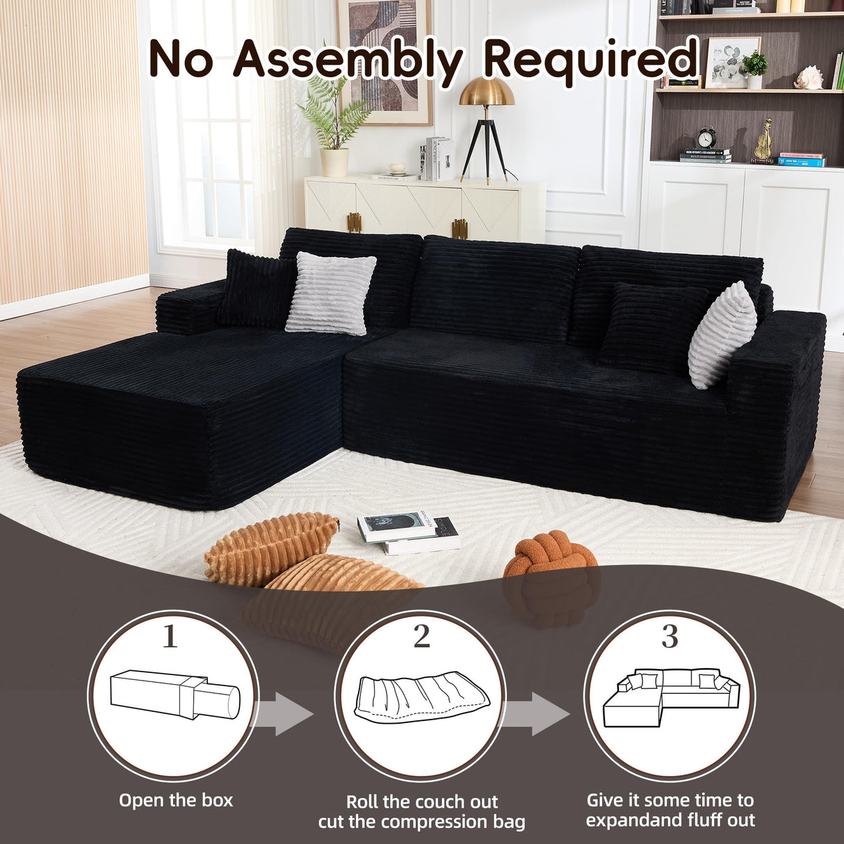 Opiesit 108" Boneless Couches for Living Room, Modular Sectional Sofa with Oversized Chaise, L-Shape Cloud Couch with Deep Seat, High-Density Memory Foam, No Assembly Required, Plush Corduroy Black Opiesit