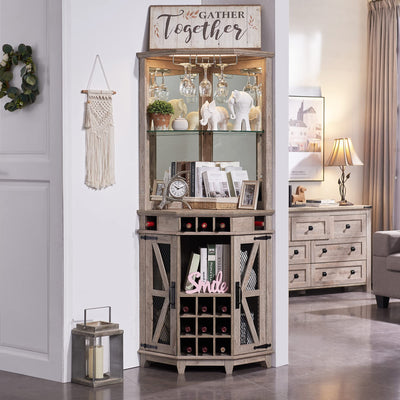OKD Corner Bar Storage Cabinet, 72" Tall Farmhouse Wine Bar Cabinet w/Barn Door & Adjustable Shelf, Home Bar Cabinet w/LED Light & Glass Rack for Dining Room, Living Room, Kitchen, Light Rustic Oak