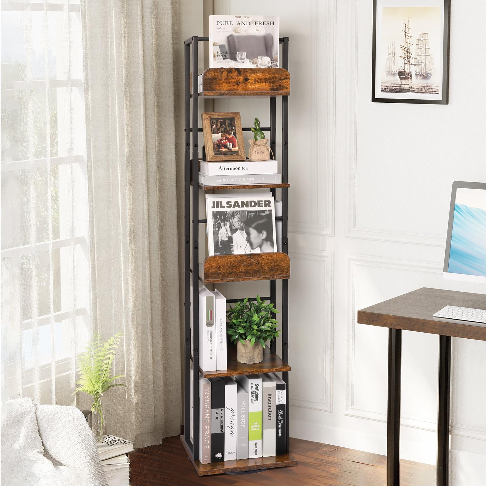 Bikoney 5-Tier Rotating Corner Bookshelf - Tall Industrial Black Wood & Metal Bookcase - WoodArtSupply