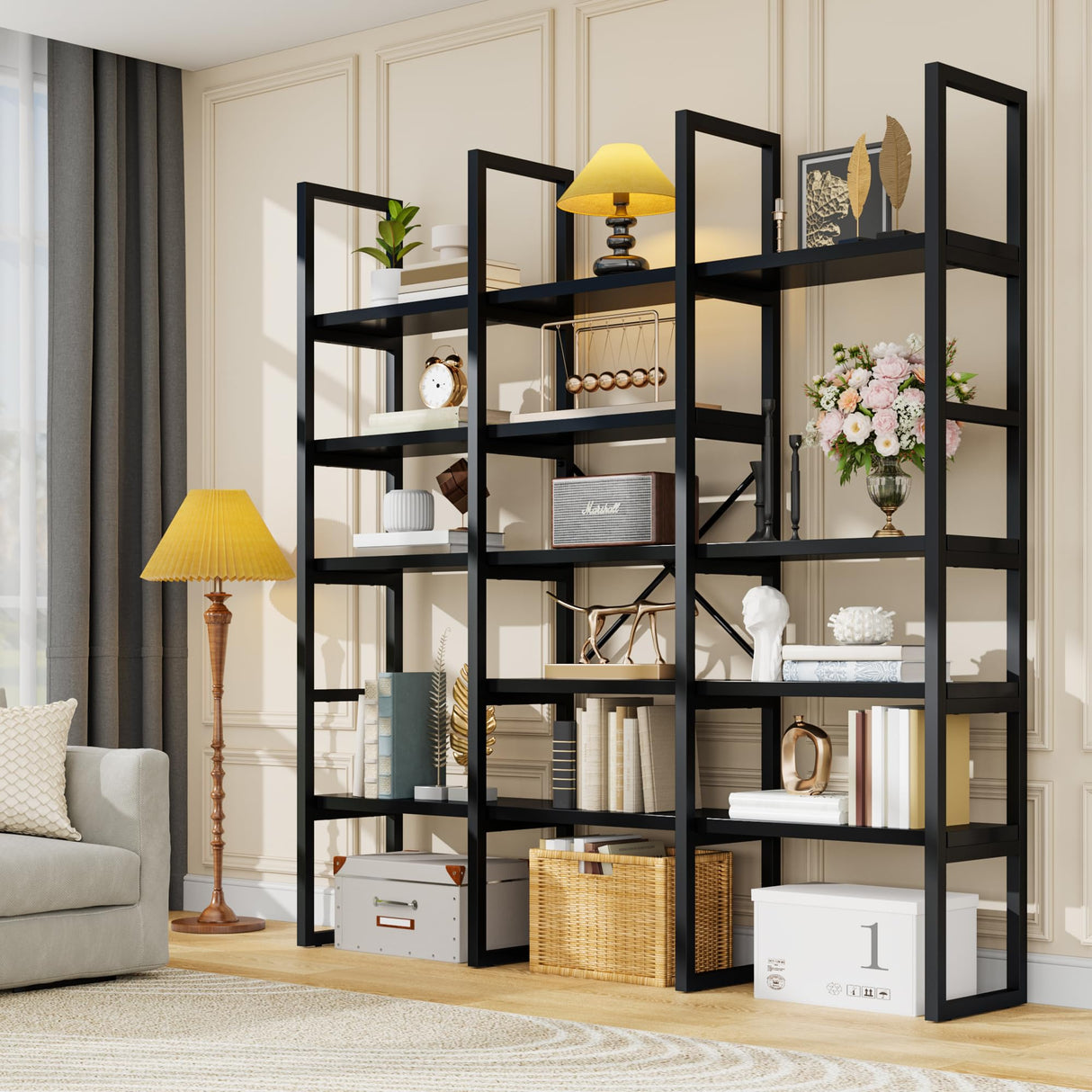 Semoic Large Bookshelf 5 Tiers, Triple Wide Geometric Bookcase, 71 Inches Tall Industrial Book Shelves Etagere Book Case, Sturdy Metal Frame, Freestanding Display Shelving Unit (Black) Semoic
