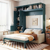 SOFTSEA Queen Size Murphy Cabinet Bed with L-Shaped Sofa, Modern Hidden Folding Wall Bed Frame with Side Cabinets and Top Cabinets, for Home Guest Room, Green SOFTSEA