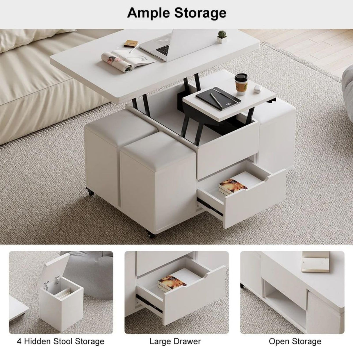 homary White Lift Top Coffee Table with Hidden Storage, 3 in 1 Multi-Function Modern Folding Center Table with 4 Stools and Casters homary