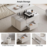 homary White Lift Top Coffee Table with Hidden Storage, 3 in 1 Multi-Function Modern Folding Center Table with 4 Stools and Casters homary