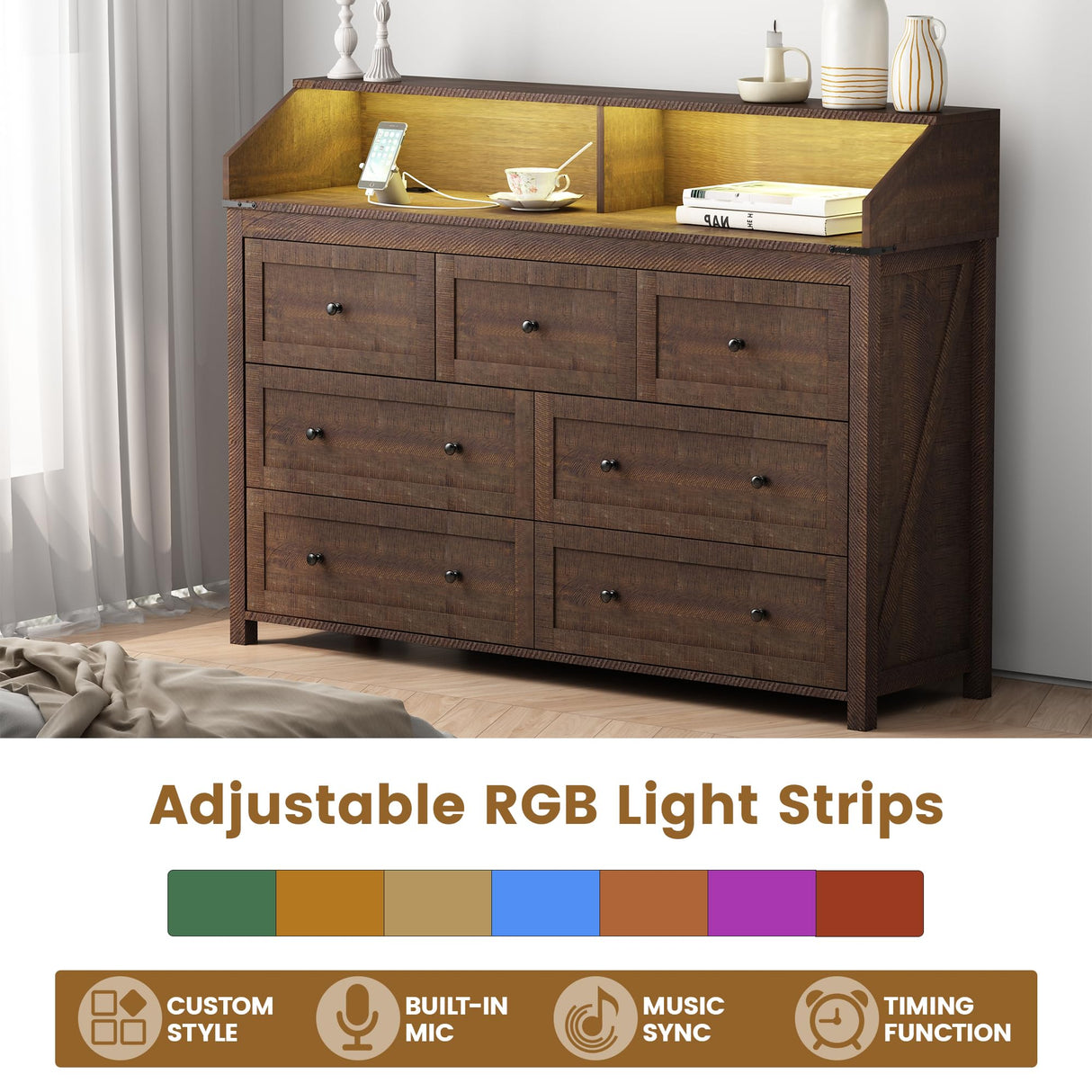 GlouMod Farmhouse 7-Drawer Dresser Chests for Bedroom, LED Dresser with Charging Station, Wood Rustic Tall Chest of Drawers, Brown GlouMod