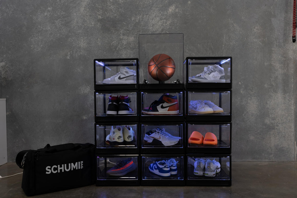 SCHUMI Display Case for Collectibles - LED Stackable Shoe Organizer with 360 Rotation - Display Case Cabinet for Sport Helmet, Toys, Football, Basketball and Collectables Display SCHUMI!