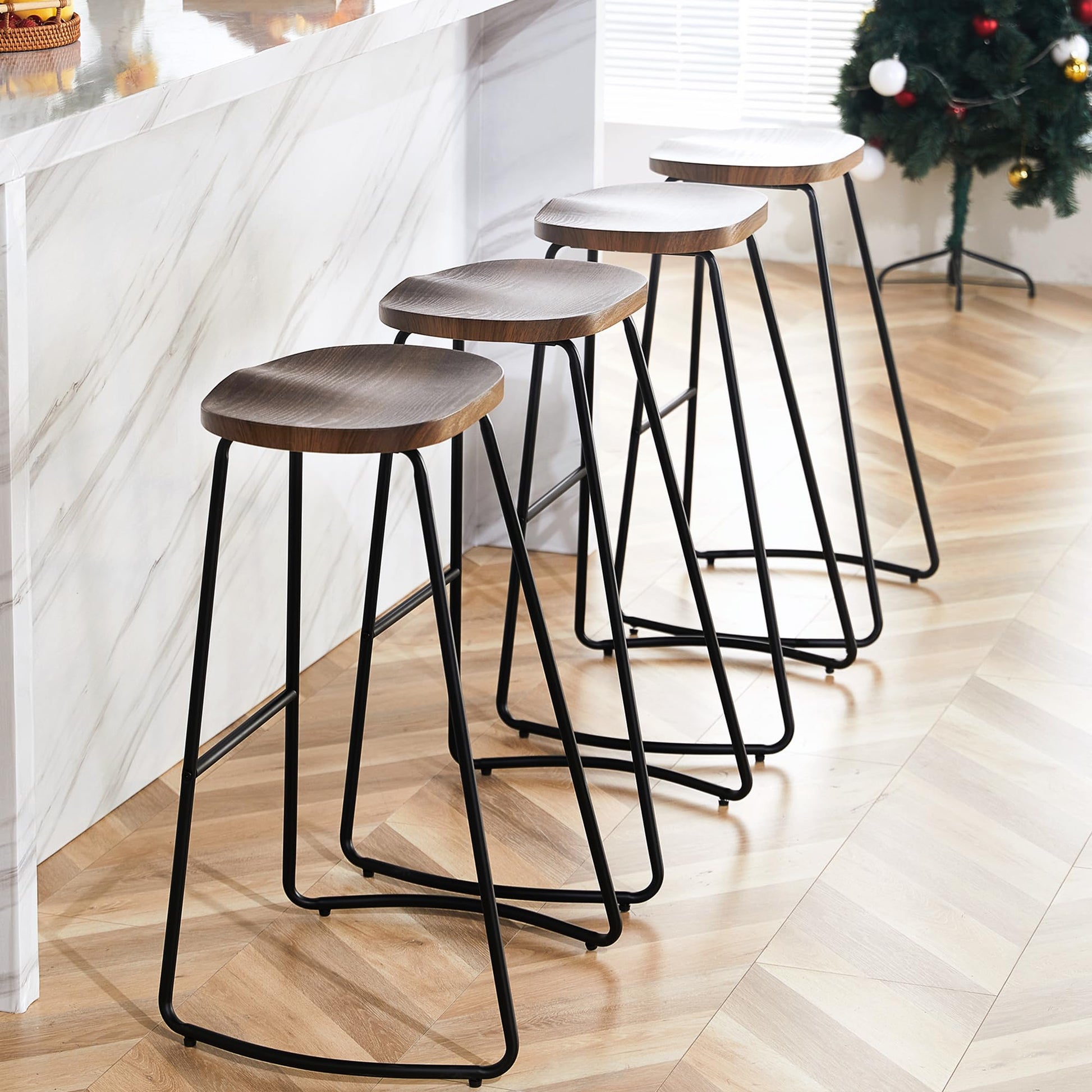 HeuGah Bar Stools Set of 4, Saddle Seat Wooden Barstools for Kitchen Island, 30" Brown Bar Height Stools with Footrest (Brown, 4 PCS 30Inch Barstool) - WoodArtSupply