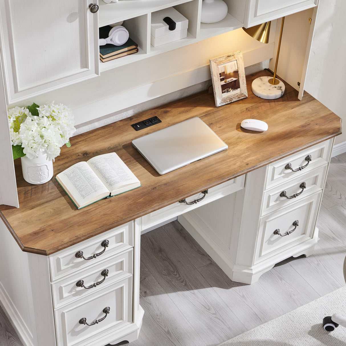T4TREAM 59" Farmhouse Executive Desk with Hutch,Wood Home Office Computer Desk, Featuring Keyboard Tray,Charging Station,File Drawer, Storage Cabinet,for Work and Study (Antique White) T4TREAM