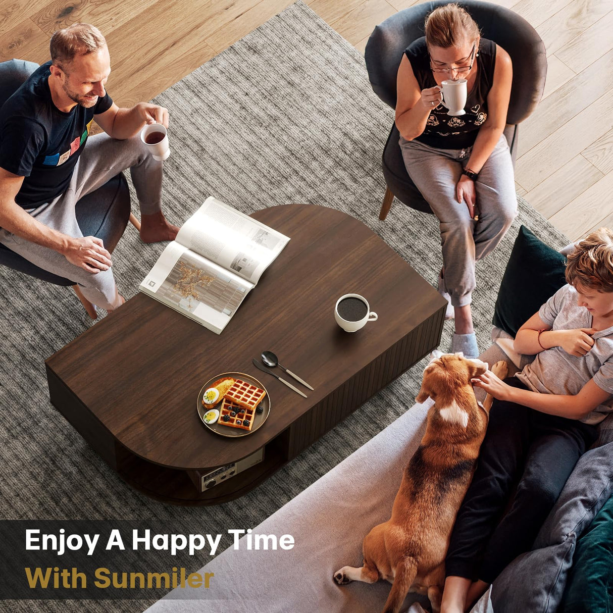 sunmiler Mid-Century Modern 39.4" Coffee Table - Leaf-Shaped Wood Center Table with Storage, Retro Fluted Central Table with Sliding Door & Large Hidden Compartment, for Living Room, Office, Walnut sunmiler