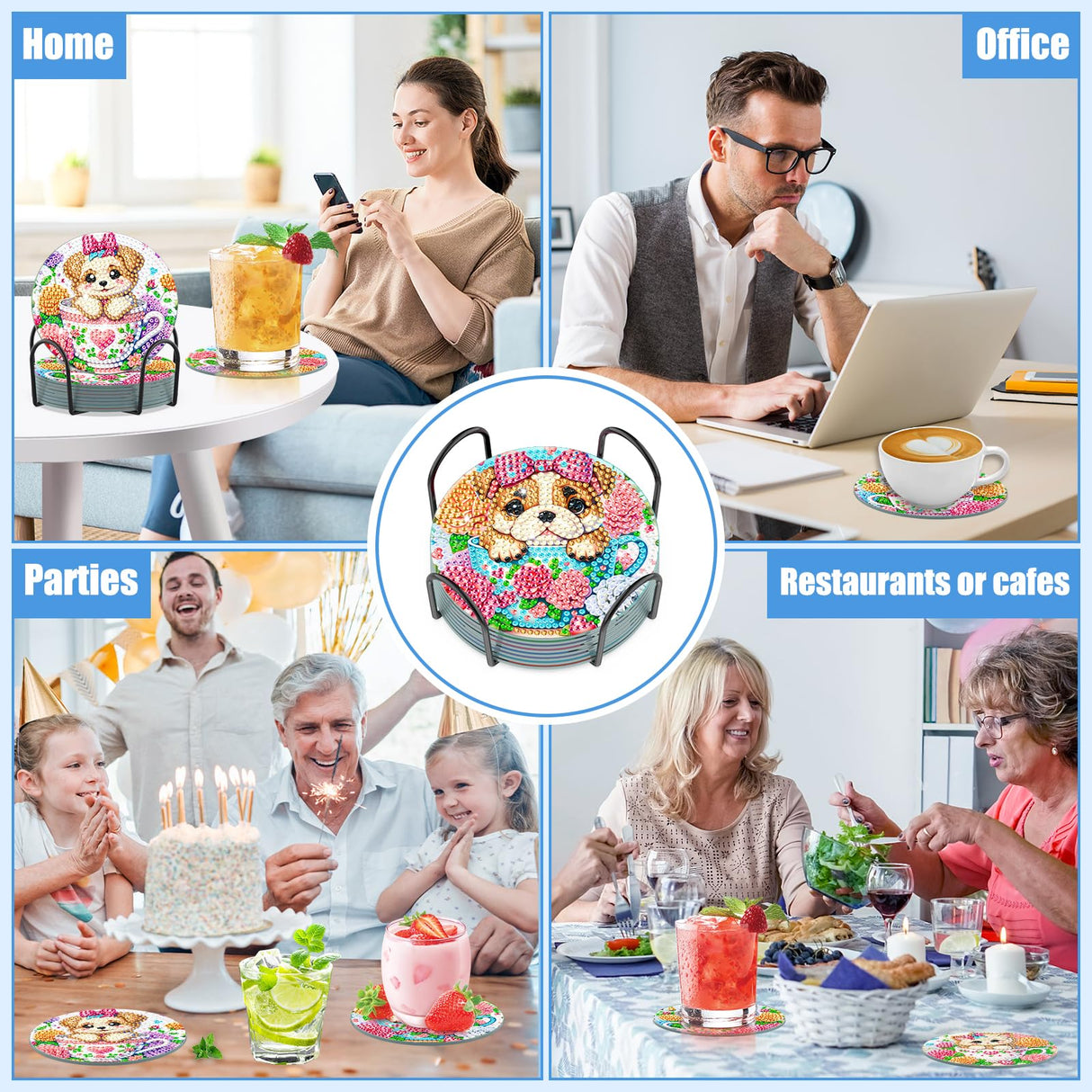 Bowetile 6PCS Flowers Diamond Art Painting Coasters Kit with Holder, Cat Diamond Art Kits for Adults Beginners, Dog Gem Art Kits for Adults, Arts and Crafts Kits for Adults for Home Decor Bowetile