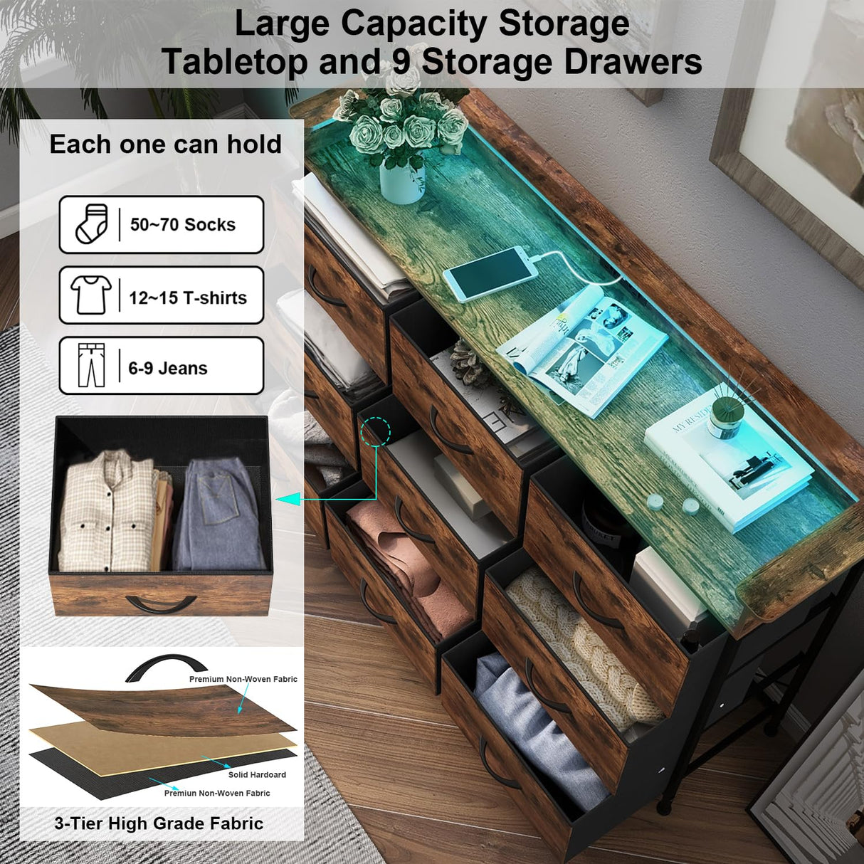 EXOTICA Industrial Dresser for Bedroom with Charging Station and LED Light Fabric Storage Dresser with 9 Fabric Drawers Chest of Drawers for Closet Hallway Sturdy Steel Frame Wooden Top EXOTICA