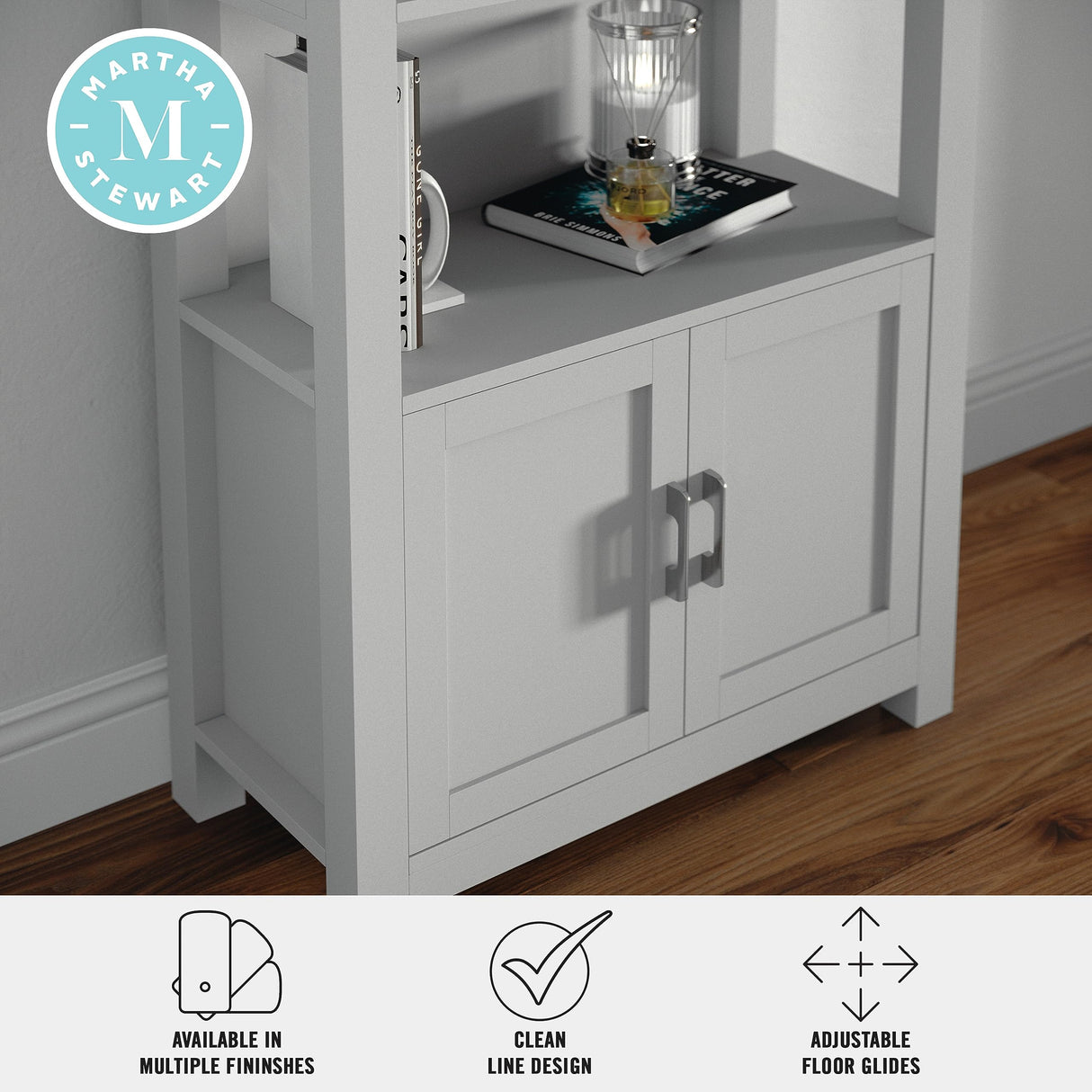 Martha Stewart Hutton Four Tier Shaker Bookcase with Storage Cabinet in Gray with Brushed Nickel Hardware Martha Stewart