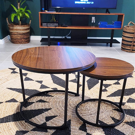 aboxoo Coffee Table Nesting Side Round Set of 2 End Table Top Sturdy Metal Frame Desk Centerpiece Living Room Bedroom Apartment Modern Industrial Simple Nightstand aboxoo