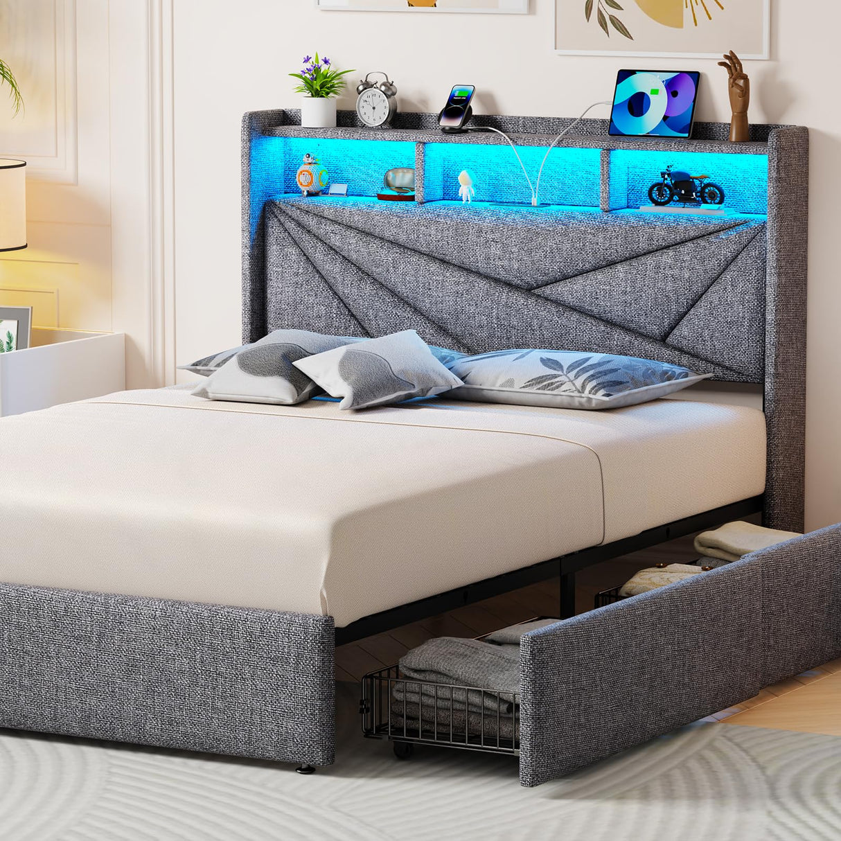 Driftalia King Size Upholstered Bed Frame with LED Lights and 4 Storage Drawers - Light Grey Driftalia