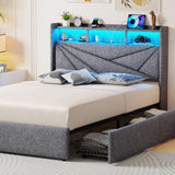 Driftalia Queen Bed Frame with 4 Storage Drawers, Upholstered Bed Frame Queen Size with LED Lights Headboard and Charging Station, No Box Spring Needed, Easy Assembly - Light Grey Driftalia