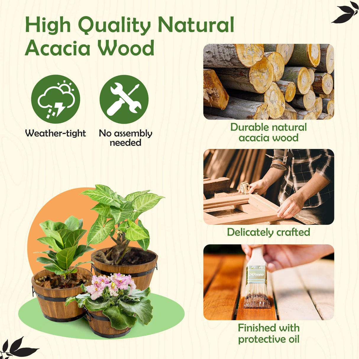 Idzo Set of 3 Wooden Flower Boxes Outdoor, Durable Acacia Wood Barrel Planters for Outdoor Plants with Ergonomic Handles, Drainage Holes, Multiple Sizes Wood Bucket Planter Light Brown IDZO