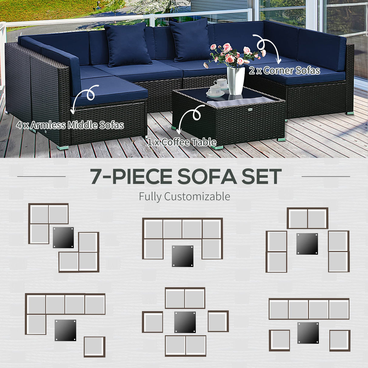 Outsunny 7-Piece Patio Furniture Sets Outdoor Wicker Conversation Sets All Weather PE Rattan Sectional Sofa Set with Cushions & Tempered Glass Desktop, Dark Blue Outsunny