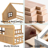 Full Size Floor Bed for Kids: Wood Montessori Bed with Fence & LED Light Full House Bed with Rails | Window Design for Girls Boys - Natural Mirightone