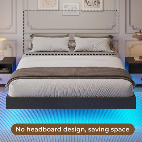 ADORNEVE Full Size Floating Bed Frame with LED Lighting, Linen Upholstered Platform and Underbed Storage, Heavy-Duty Steel Support ADORNEVE