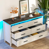 TVU Farmhouse 6 Drawers Wood Dresser with LED, Storage Dresser for Bedroom, Wide Chest of Drawer with Metal Handles TVU
