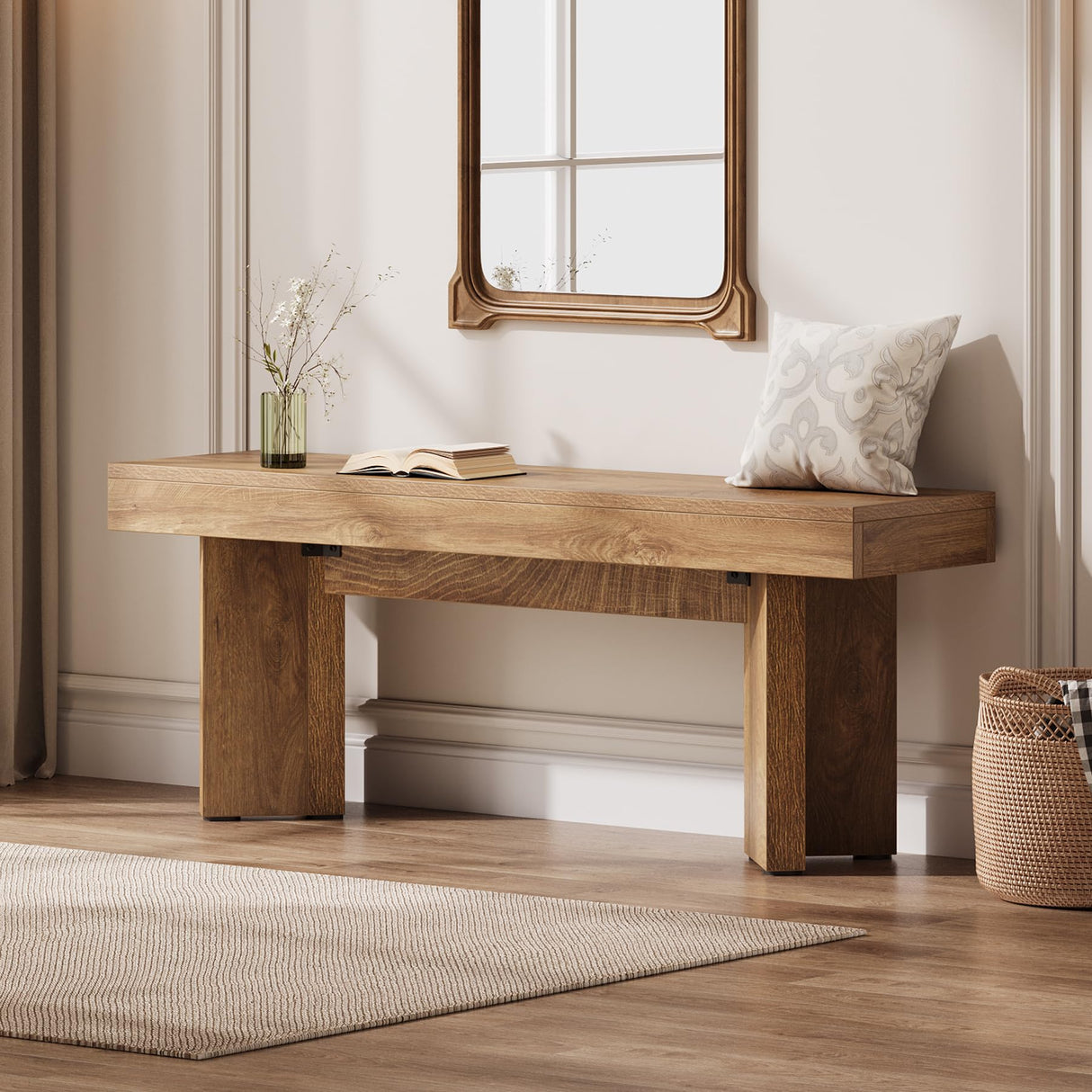 Tribesigns 47" Wooden Entryway Bench, Farmhouse Indoor End of Bed Bench, Long Table Benches Seat for Bedroom, Hallway, Foyer, End of Bed (Rustic Brown) Tribesigns