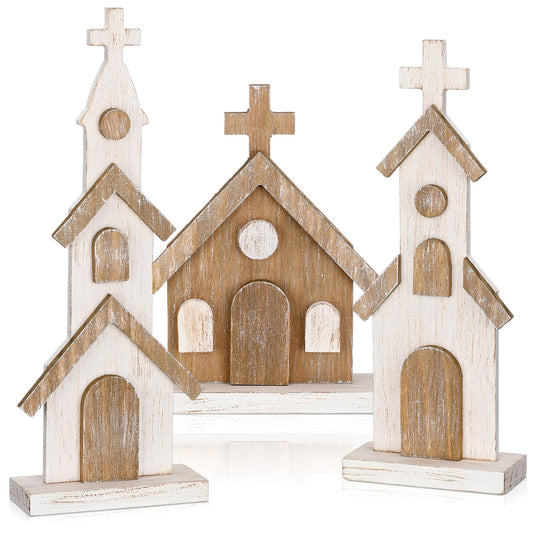 Cinnvoice 3 Pcs Christmas Rustic Wooden Churches Tabletop Decoration Farmhouse Wooden Churches Sign Desk Shelf Ornaments Xmas Wooden Centerpieces Decor for Table Top Fireplace Home Tiered Tray Decor